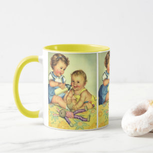 Retro-Kinder, glückliche Kleinkinder lächeln mit F Tasse