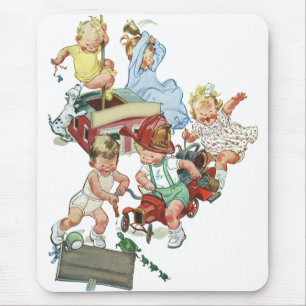 Retro-Kinder Kleinkinder spielen mit Feuerwehrwage Mousepad