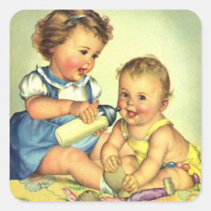 Retro Kinder, süße glückliche Kleinkinder lächeln Quadratischer Aufkleber