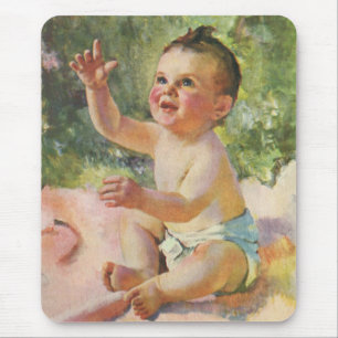 Retro-Kinder, süßes Baby auf einer rosa Decke Mousepad
