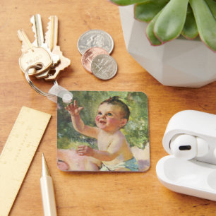 Retro-Kinder, süßes Baby auf einer rosa Decke Schlüsselanhänger