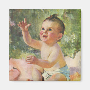 Retro-Kinder, süßes Baby-Mädchen auf einer rosa De Magnet