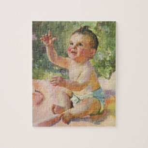 Retro-Kinder, süßes Baby-Mädchen auf einer rosa De Puzzle