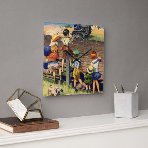 Retro-Kinder winken einem örtlichen Bauern auf ein Quadratische Wanduhr