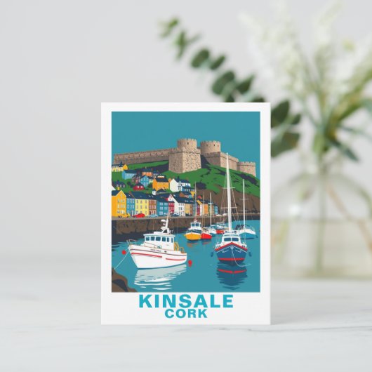 Retro Kinsale Cork Ireland Irish Coastal Village Postkarte (Stehend Vorderseite)