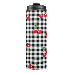 Retro Kirsch Gingham Süße Rot & Schwarz Kariert Thermosbecher