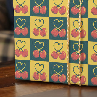 Retro-Kirsch-Herzförmige Stiele Teal Senf Kariert Geschenkpapier