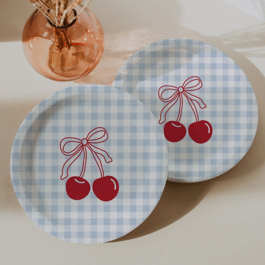 Retro-Kirschblau-Gingham-Geburtstag Pappteller