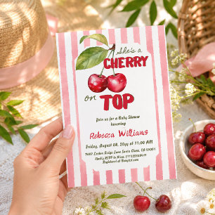 Retro Kirsche auf rosa gestreiftem Baby Shower Einladung