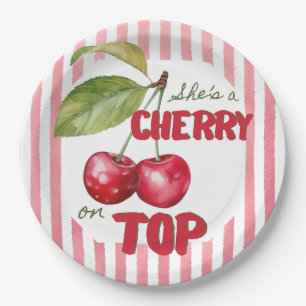 Retro Kirsche auf Rosa Streifen Baby Shower Pappteller