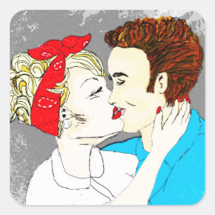 Retro Kissing Paar Quadratischer Aufkleber