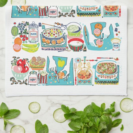 Retro Kitchen Cook Book Illustration Aqua Geschirrtuch (Gefaltet)
