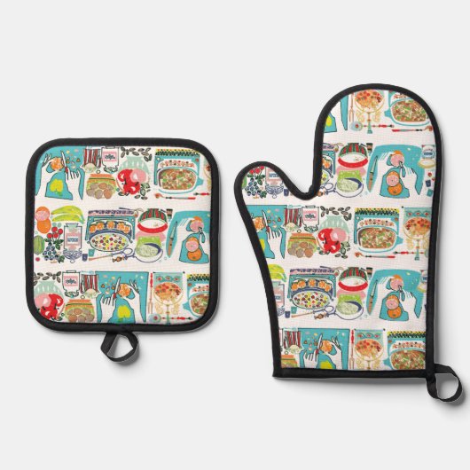 Retro Kitchen Cook Book Illustration Aqua Ofenhandschuh & Topflappen-Set (Vorderseite)