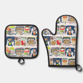 Retro Kitchen Cook Book Illustration Navy Blue Ofenhandschuh & Topflappen-Set (Vorderseite)