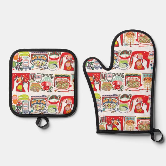 Retro Kitchen Cook Book Illustration Red Ofenhandschuh & Topflappen-Set (Vorderseite)