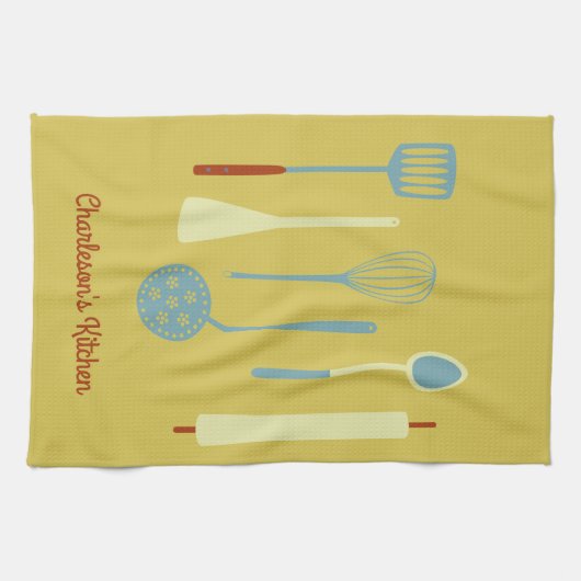 Retro Kitchen Personalisiert Gelb Geschirrtuch (Horizontal)