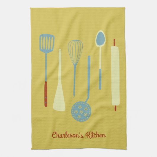 Retro Kitchen Personalisiert Gelb Geschirrtuch (Vertikal)