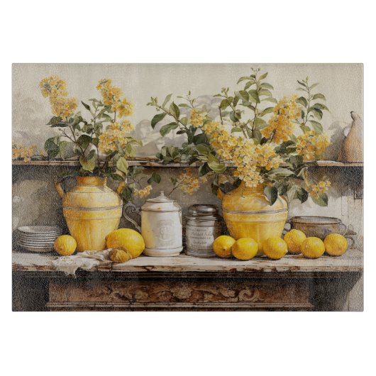 Retro Kitchen Schelf Gelbe Blume Vase Lemons Schneidebrett (Vorderseite)