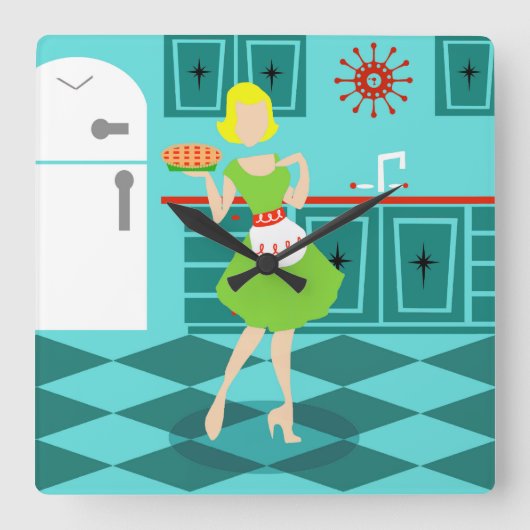 Retro Kitchenette Acrylmauer-Uhr Quadratische Wanduhr (Vorderseite)