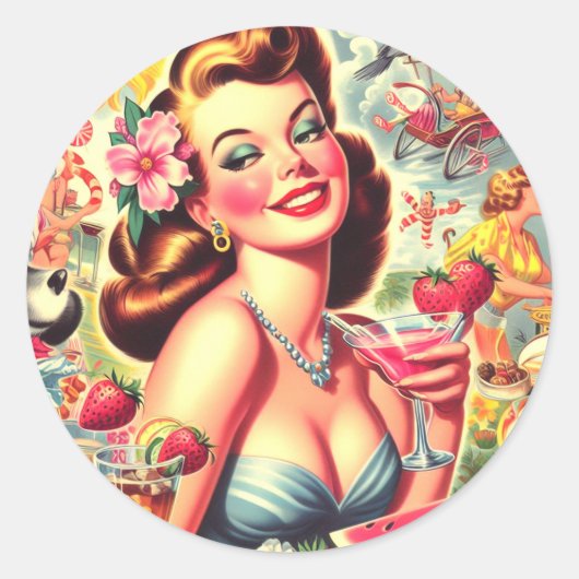 Retro Kitsch Niedlich Pinup Runder Aufkleber (Vorderseite)