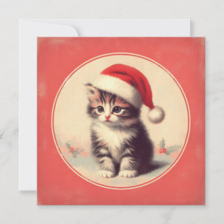 Retro Kitten in Weihnachtsmannmütze Feiertagskarte