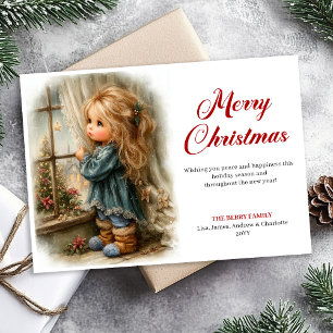 Retro kleines Mädchen wartet auf den Weihnachtsman Feiertagskarte