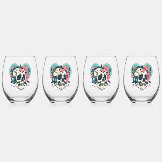 Retro Kopfhörer Herz Skull Weinglas Ohne Stiel (Vorderseite)