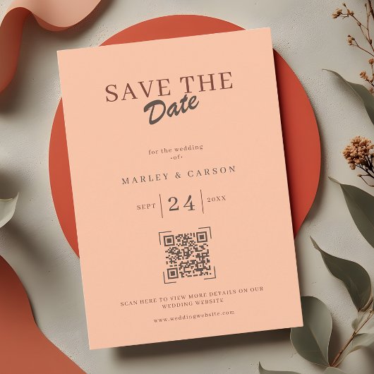 Retro-Koralle-Pfirsich-QR-Code-Save-the-Date-Hochz Einladung