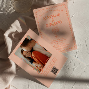 Retro-Korallen-Gezeichnete-quirlige-Foto-QR-Code-S Einladung