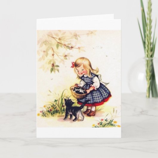 Retro Korb der Kätzchen-Anmerkungs-Karte Karte (Vorderseite)