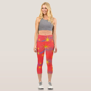 Retro Kosmischer Sternenburst Neonwellen Hohe Tail Capri Leggings