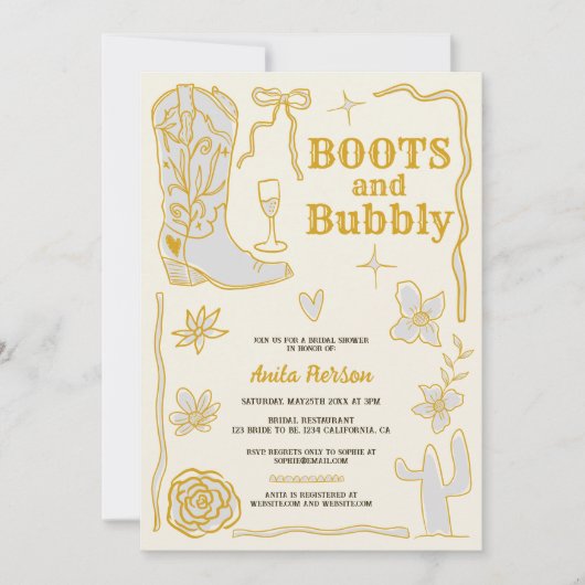 Retro-Kritzeln stiefeln Brautparty mit Blasen Einladung (Vorderseite)