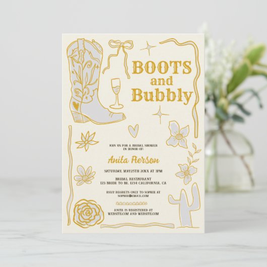 Retro-Kritzeln stiefeln Brautparty mit Blasen Einladung (Stehend Vorderseite)