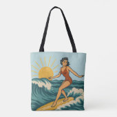 Retro-Küsten-Pin-Up-Surfer-Kunst | Blaue Surfwelle Tasche (Rückseite)