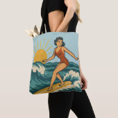 Retro-Küsten-Pin-Up-Surfer-Kunst | Blaue Surfwelle Tasche (Von Nahem)