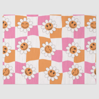 Retro lächelnde Blumen auf verzerrten Schachbrettm Seidenpapier