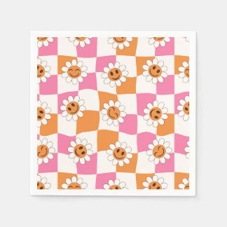 Retro lächelnde Blumen auf verzerrten Schachbrettm Serviette