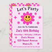 Retro Lächelnde rosa Blume Scheckte Mädchen Geburt Einladung (Vorne/Hinten)