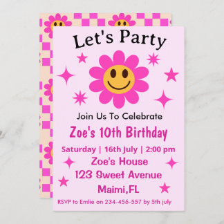 Retro Lächelnde rosa Blume Scheckte Mädchen Geburt Einladung