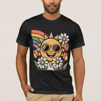 Retro lächelnde Sonnenblume Regenbogen floral süß  T-Shirt