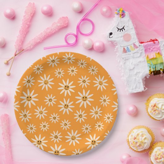 Retro Lächelnde weiße Blume Muster Pappteller (Party)