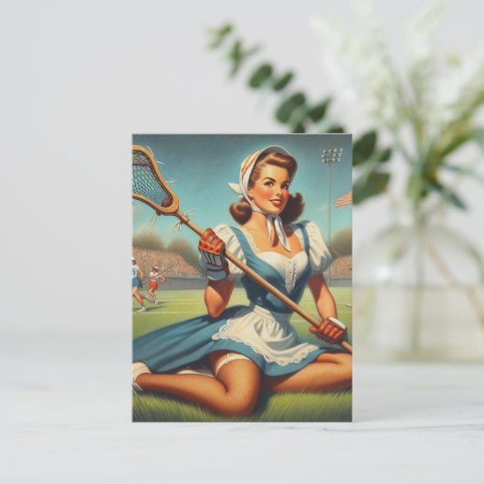 Retro Lacrosse Girl Postkarte (Stehend Vorderseite)