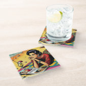 Retro Lady am Beach Daydreaming über Mode Glasuntersetzer (Schrägansicht)