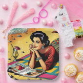 Retro Lady am Beach Daydreaming über Mode Pappteller (Party)