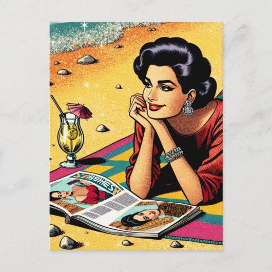 Retro Lady am Beach Daydreaming über Mode Postkarte (Vorderseite)