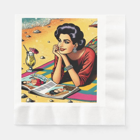 Retro Lady am Beach Daydreaming über Mode Serviette (Vorderseite)