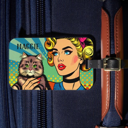 Retro Lady and Cat Personalisiert Gepäckanhänger (Vorderseite Insitu 4)