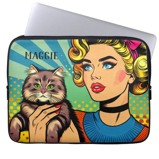 Retro Lady and Cat Personalisiert Laptopschutzhülle (Vorderseite)