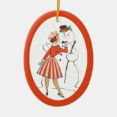 Retro Lady and Snowman Keramik Ornament (Vorne)