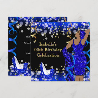Retro Lady Blue Gold Glitzer High Heels Geburtstag Einladung